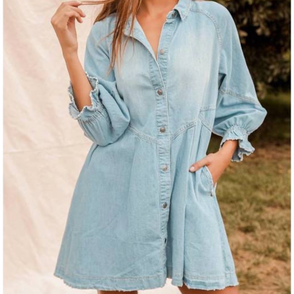 We The Free Hannah long sleeve mini dress in light wash SIZE SMALL